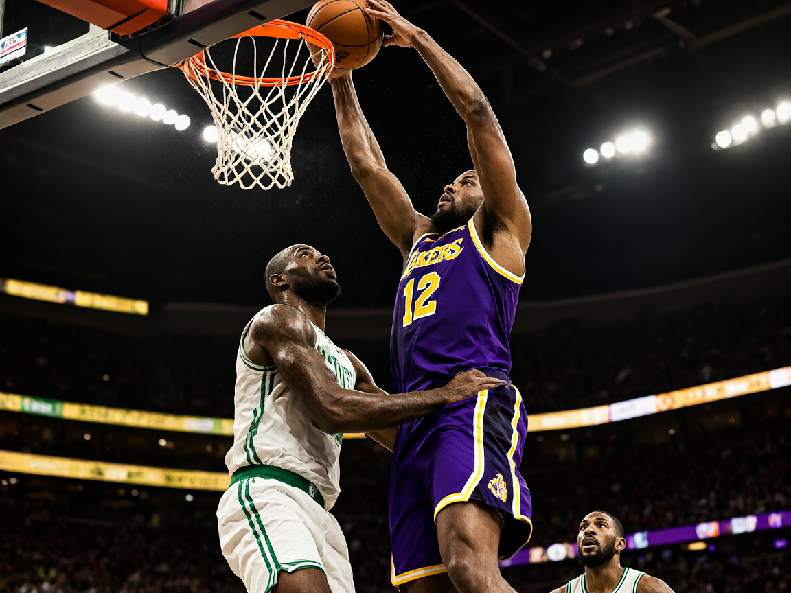 NBA常规赛湖人队与凯尔特人队比赛内线对抗精彩瞬间