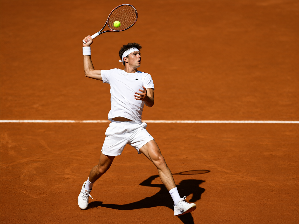 ATP大师赛网球比赛中年轻球员发球瞬间的精彩画面