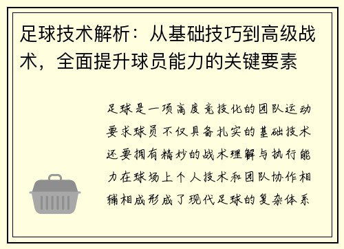 足球技术解析：从基础技巧到高级战术，全面提升球员能力的关键要素